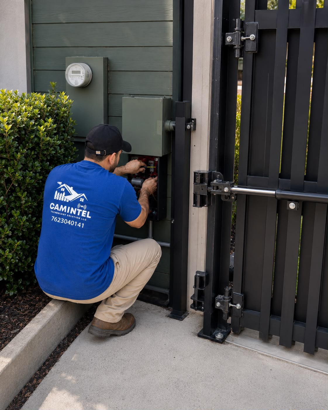 CAMINTEL technician configuring an automatic gate control system